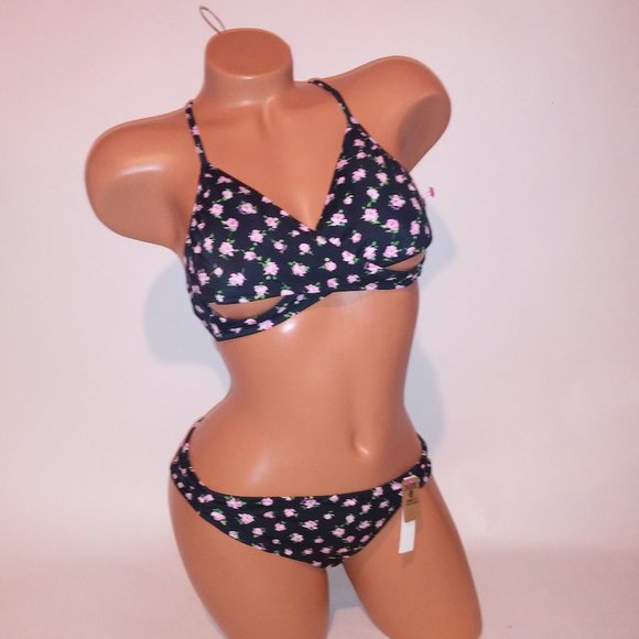 Victoria Secret PINK Swim Bikini Top & Bottom Black Pink Floral Wrap Halter Remo - Picture 1 of 12